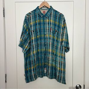 Ecko Unltd Shirt Mens XL Blue Plaid Button Up Short Sleeve Pockets Outdoor Logo